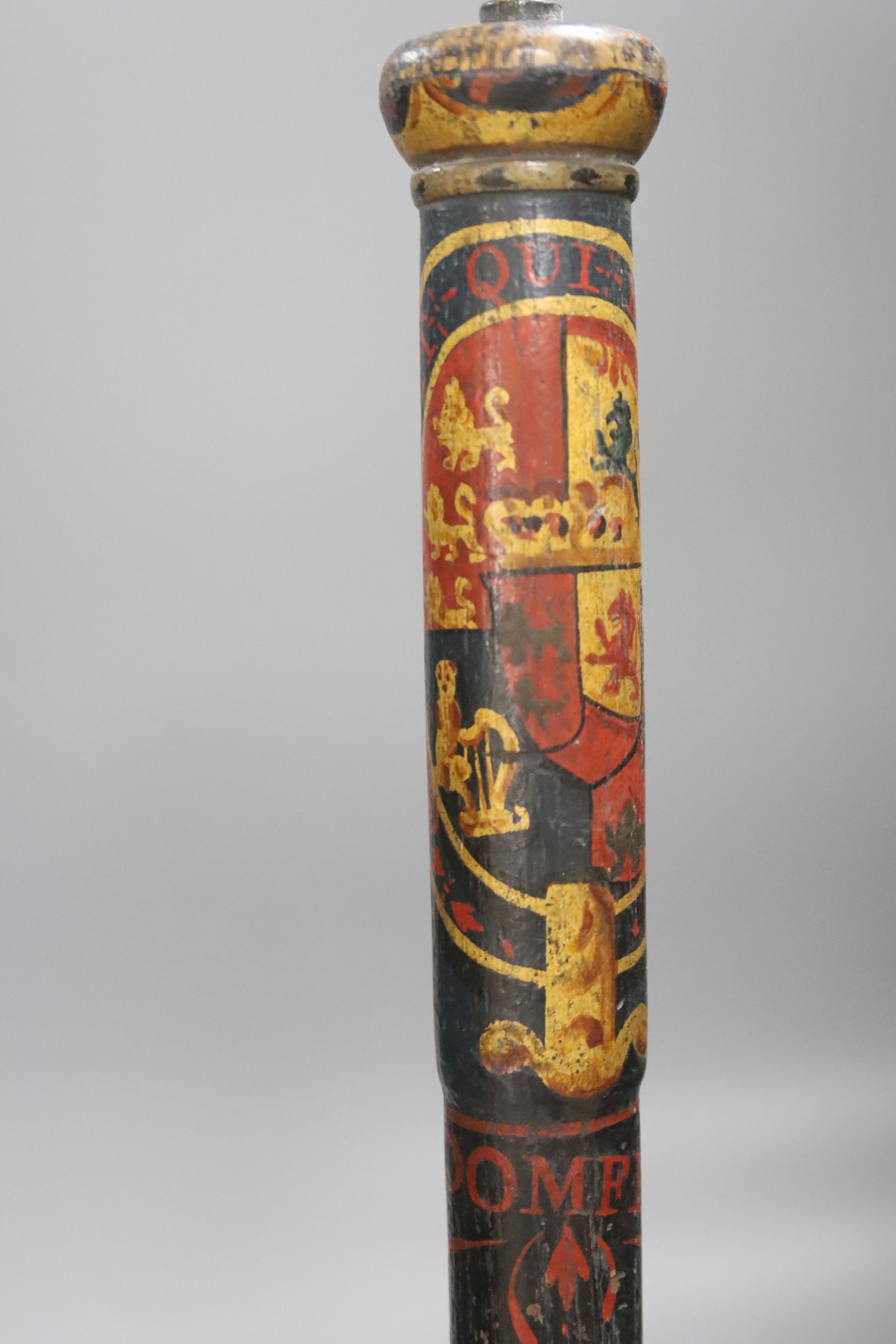 A George IV painted truncheon and a later tip staff both marked “Broomfield”, together with two other tip staffs.